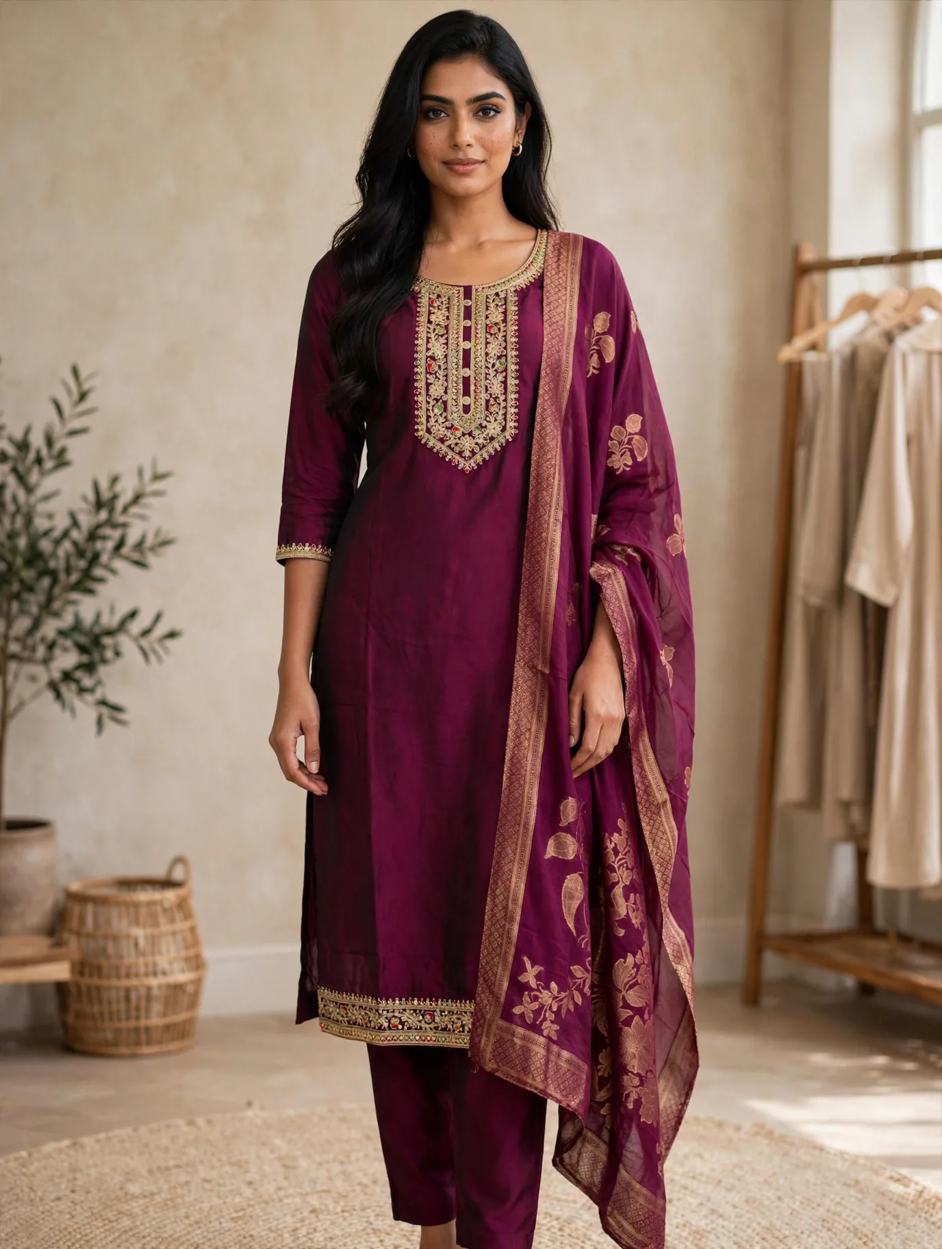 Wine Silk Kurta Set